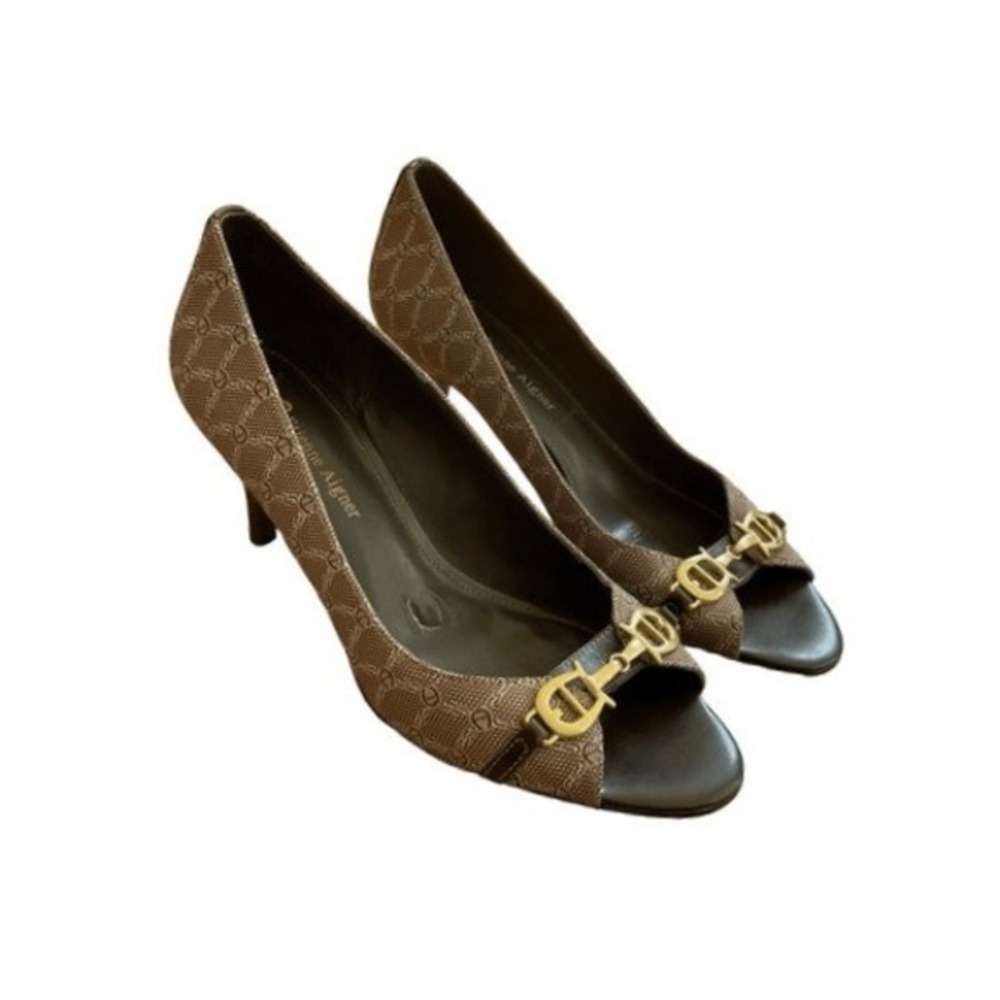 Vintage Etienne Aigner Cherise Logo‎ Print Peep-Toe Heels Brown Open Toe 6.5